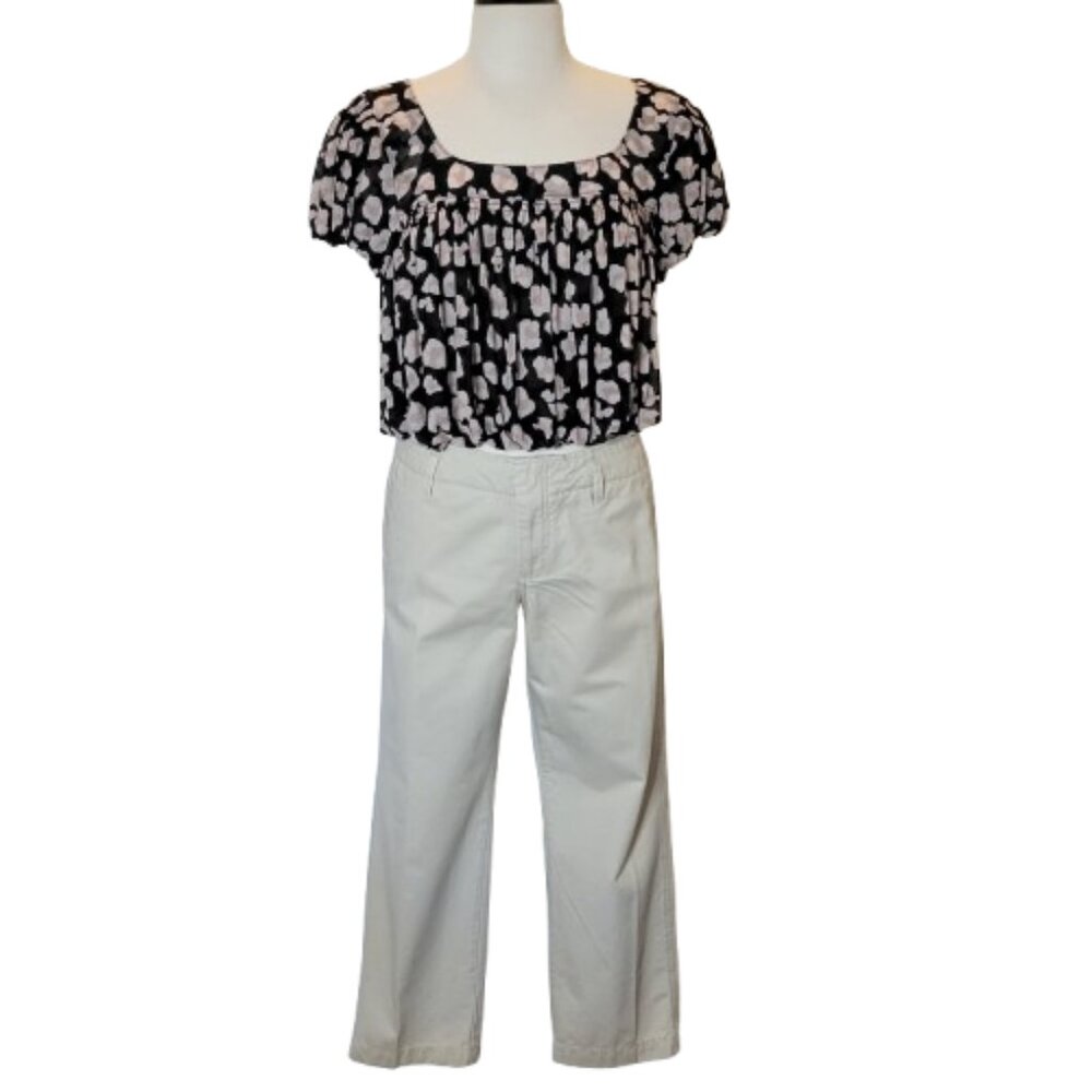 Free People Shirred Bodice Midriff Crop Top Short Sleeve Blk, Beige Size S - Picture 2 of 12